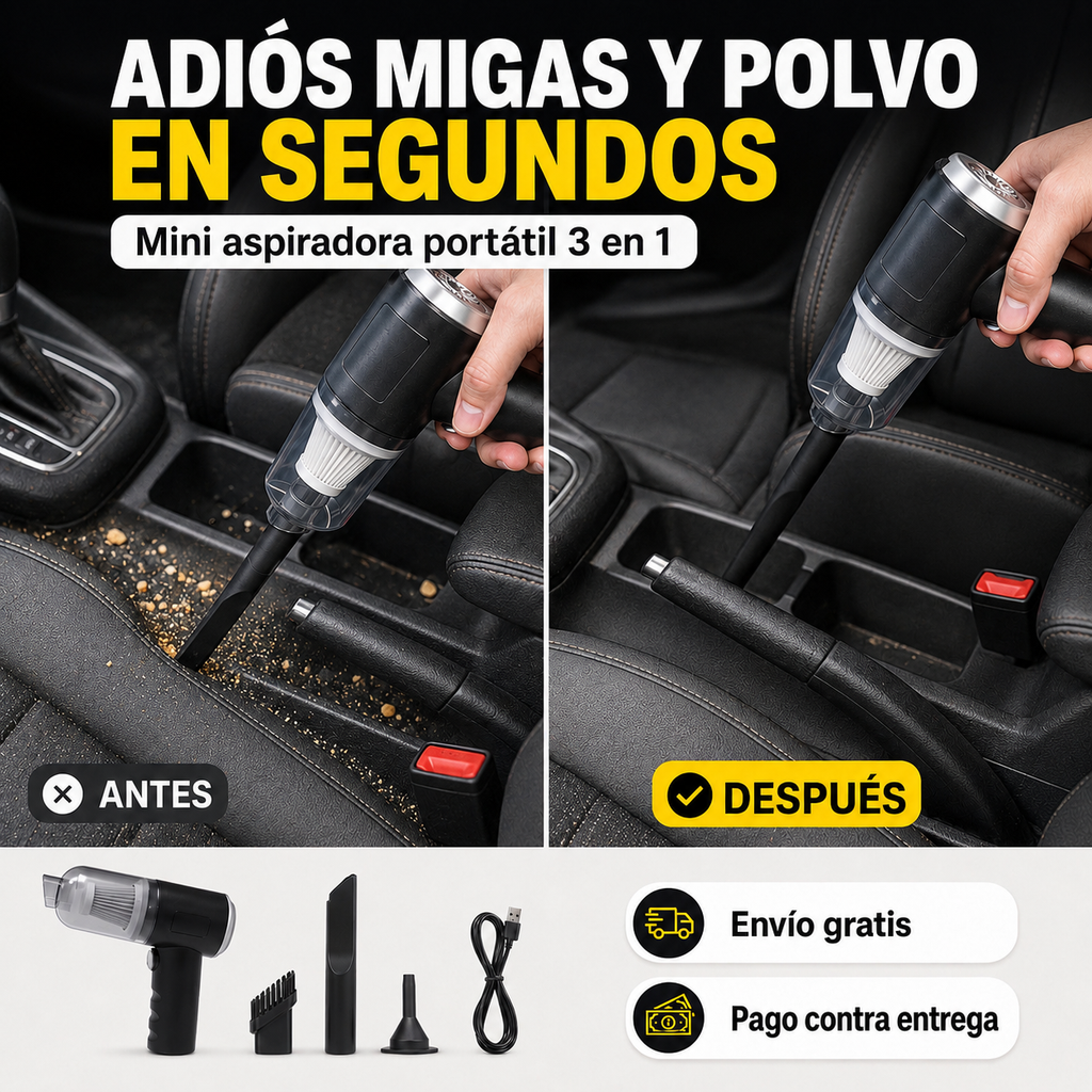 Mini Aspiradora Portátil 3 en 1 para Auto, Sofá y Rincones
