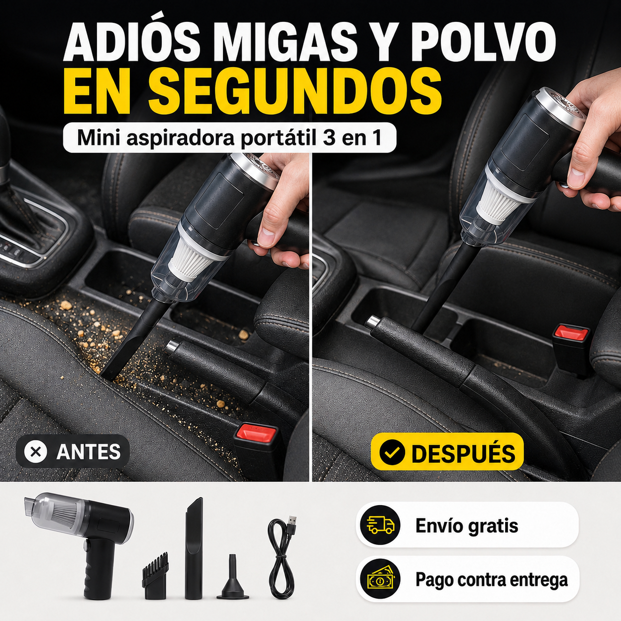 Mini Aspiradora Portátil 3 en 1 para Auto, Sofá y Rincones