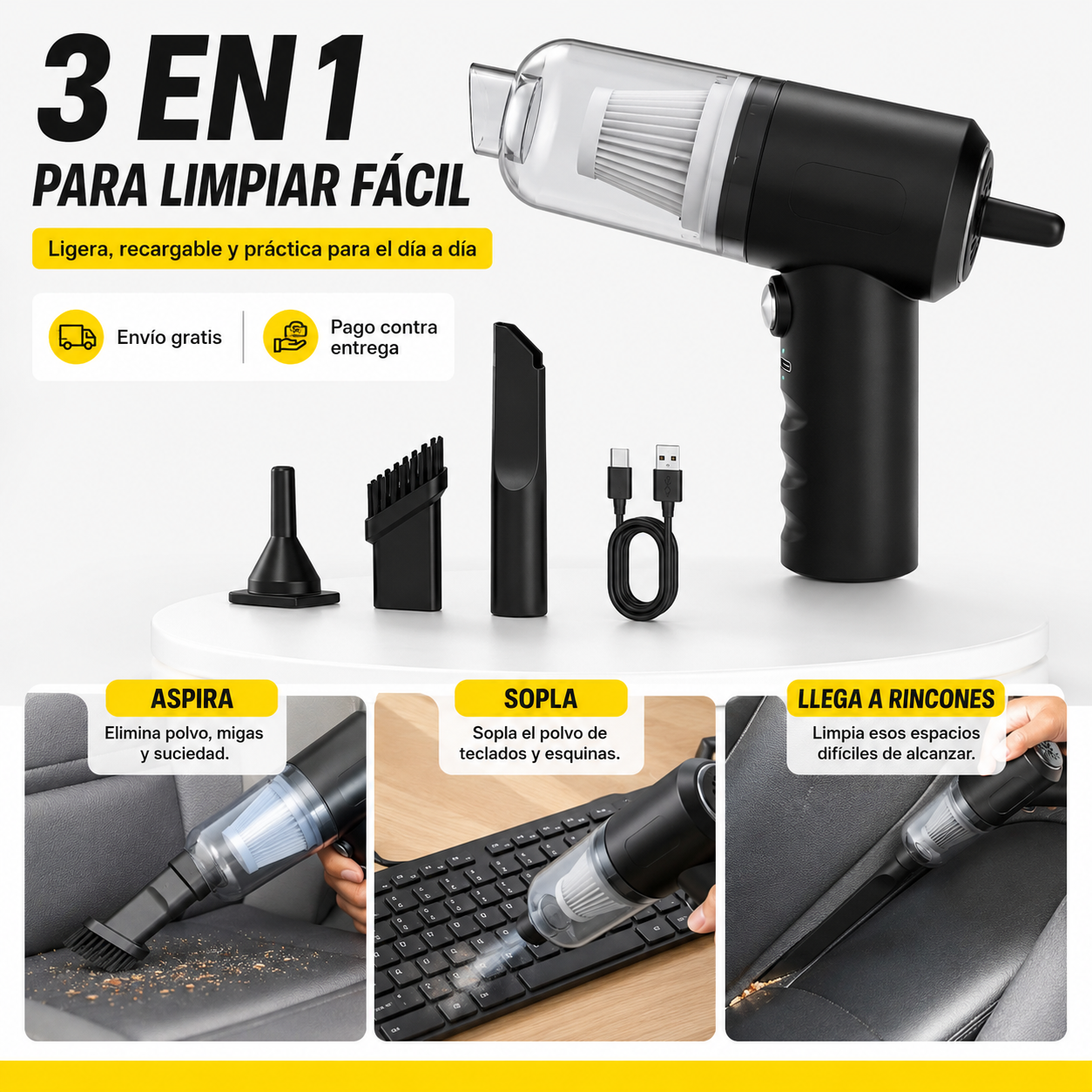 Mini aspiradora portátil 3 en 1 con funciones para aspirar y limpiar rincones