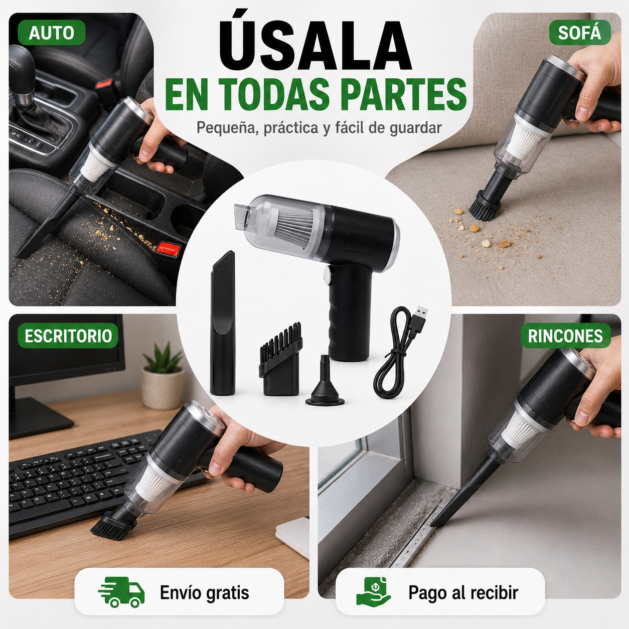 Mini Aspiradora Portátil 3 en 1 para Auto, Sofá y Rincones