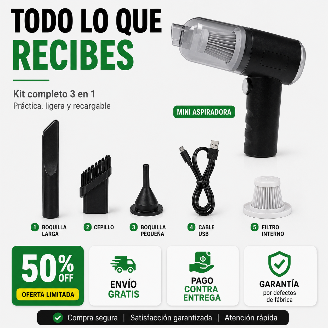 Contenido del kit mini aspiradora portátil recargable con boquillas cable USB y filtro