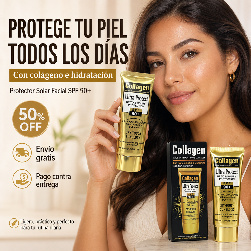 Protector Solar Facial con Colágeno SPF 90+  Hidratación y Protección Diaria💛