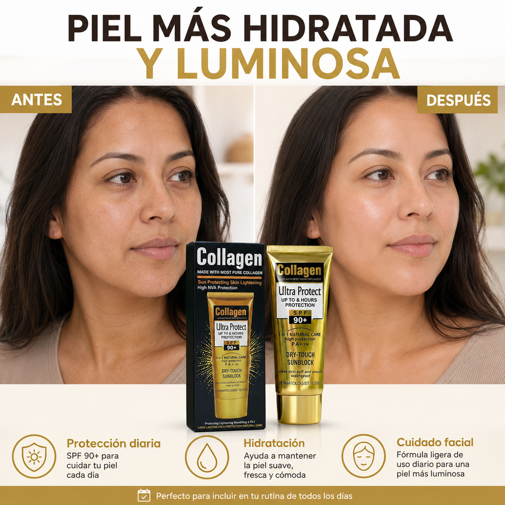 Protector Solar Facial con Colágeno SPF 90+  Hidratación y Protección Diaria💛