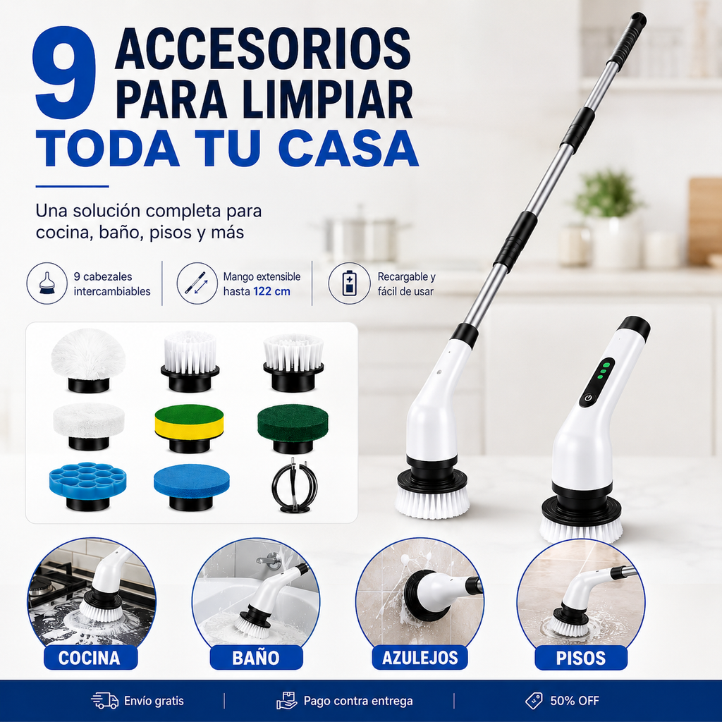 Cepillo Eléctrico 9 en 1 – Limpieza Profunda Sin Esfuerzo